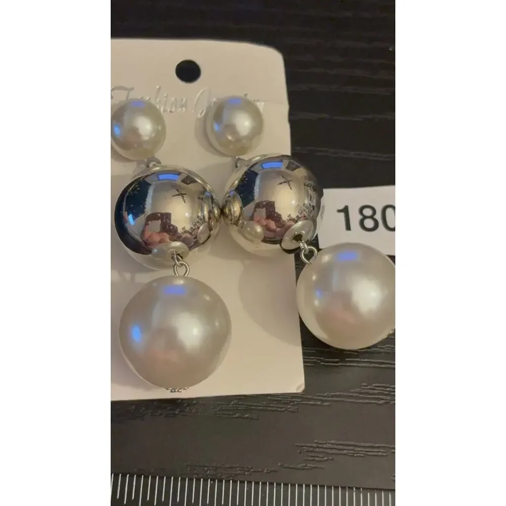 Chunky Pearl & Silver Ball Drop Earrings, Statement Studs